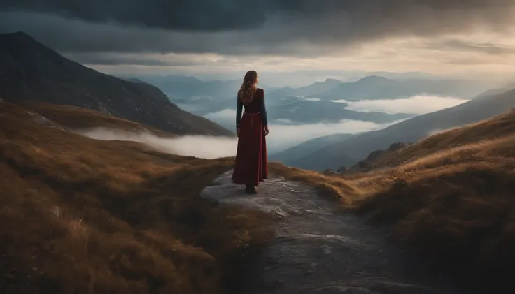 there is a woman standing on a path in the mountains, a detailed matte painting, fantasy art, a wanderer on a mountain, wanderer above the sea of fog, cinematic matte art, wallpaper 4k, elegant cinematic fantasy art, epic dreamlike fantasy landscape