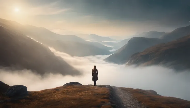 there is a woman standing on a path in the mountains, a detailed matte painting, fantasy art, a wanderer on a mountain, wanderer above the sea of fog, cinematic matte art, wallpaper 4k, elegant cinematic fantasy art, epic dreamlike fantasy landscape