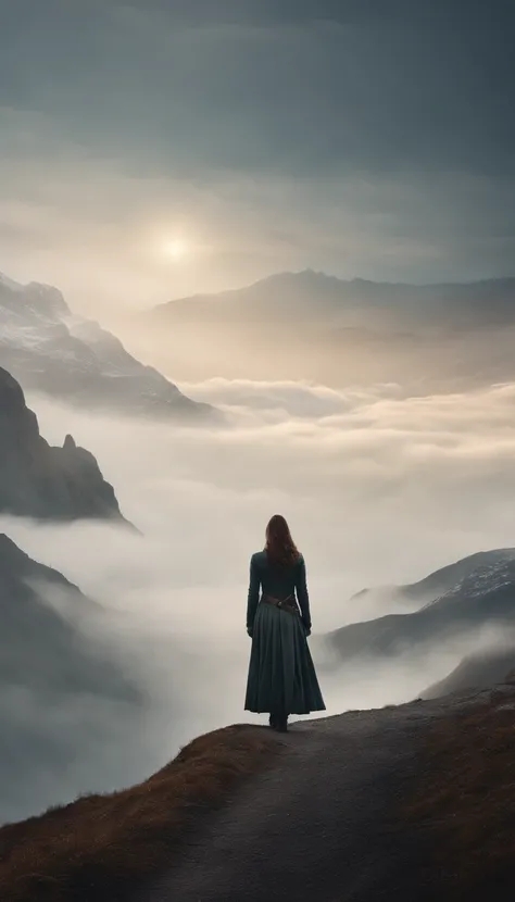 there is a woman standing on a path in the mountains, a detailed matte painting, fantasy art, a wanderer on a mountain, wanderer above the sea of fog, cinematic matte art, wallpaper 4k, elegant cinematic fantasy art, epic dreamlike fantasy landscape