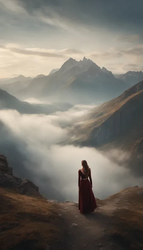 there is a woman standing on a path in the mountains, a detailed matte painting, fantasy art, a wanderer on a mountain, wanderer above the sea of fog, cinematic matte art, wallpaper 4k, elegant cinematic fantasy art, epic dreamlike fantasy landscape