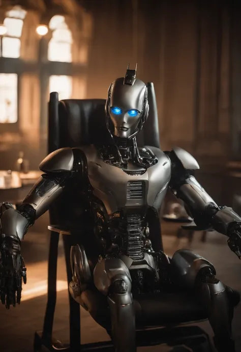 Araffe, a robot sitting in a chair with a cup of coffee, CGSetnation ), CGSetalidade 9, filme ainda de um ciborgue, foto de alita, CGSsociety, highes definition, Still from a movie of a cyborg villain, CGSetalency UHD altamente detalhado 4K, foto do filme ...