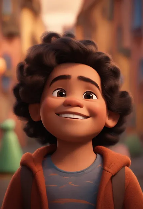 Image of a small man for a story in a YouTube video in Pixar format, com cabelo preto ondulado, slightly Asian eyes and big smile and failed beard, e pele clara