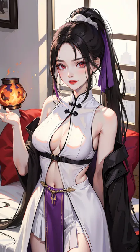 Grown-up girl, Long black hair with white strands, high ponytail, red eyes, purple lipstick, white chinese dress, Sleeveless, open breasts, open belly, smirk, Violet Flame, Masterpiece, hiquality, 4k, HD, Good detail