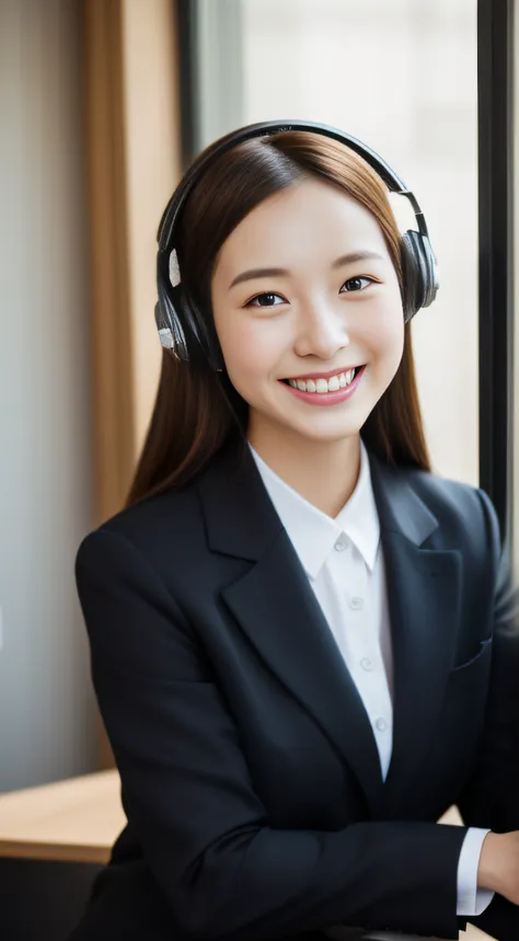 The face is a hostess、Wearing a headset、business jacket、hiquality、A hyper-realistic、healthy、Smiling expression、Slender perfect figure、Japan beauties、beautidful eyes、face perfect、Beautiful skin、by the window、desk