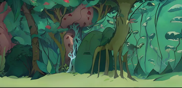 cartoon of a forest with a lot of different animals in it, alien forest in background, forestpunk background, forrest background...