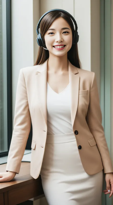 The face is a hostess、Wearing a headset、business jacket、hiquality、A hyper-realistic、healthy、Smiling expression、Slender perfect figure、Japan beauties、beautidful eyes、face perfect、Beautiful skin、by the window、desk