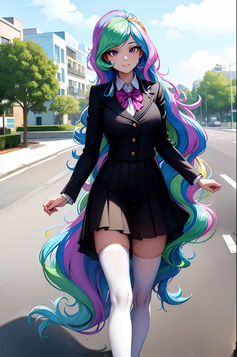 (from front), walking princess_celestia wearing a black school uniform, looking away, scene is city street, masterpiece, best qu...