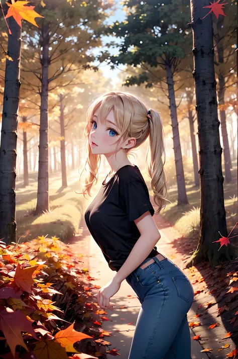 absurderes, ultra-detailliert,bright colour, (1girl in:1.4),(A very beautiful forest with autumn leaves:1.5),extremely beautiful detailed anime face and eyes,(happy smail:1.4),asymmetrical bangs, (Blonde hair with short twin tails:1.3), Shiny hair, (Lookin...