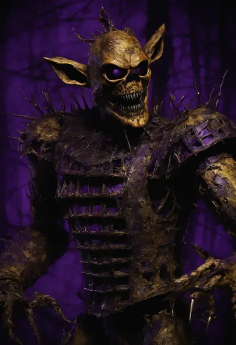 make a fnaf animatronic that is freddy with sharpened teeth yellow fur and purple sunken eyes they have fur misses witch is showing metal parts and long claws