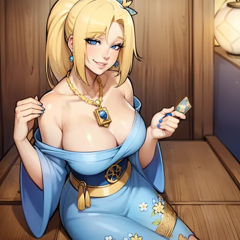 (((Solo))) Girl with light blonde hair in a ponytail with bangs, smiling, facing camera, blue eyes, large chest, wearing blue kimono with floral patterns, cleavage, sitting at a wooden table, beautiful eyes, detailed hands, full lips, best quality, (fortun...