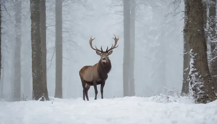 (an ancient, gothic, snowy medieval Hungarian forest),(great majestic stag emerges from the forest line),(night,cinematic,8k,scene from horror film),(eerie,gothic),(cinematic scene from film)