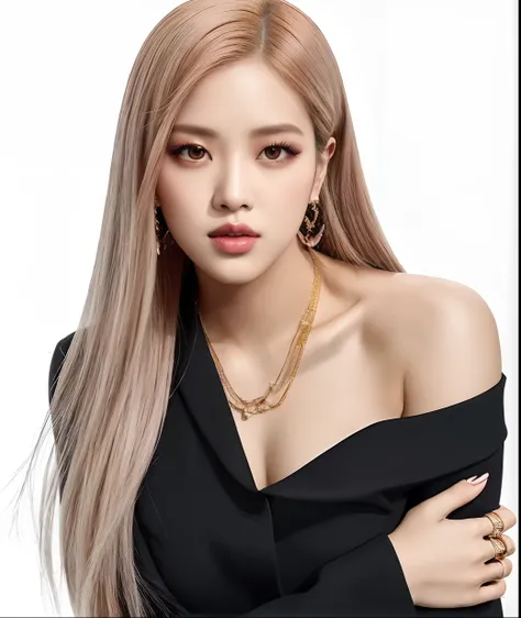 araffe mulher com longos cabelos loiros usando um top preto e um colar de corrente de ouro, parque roseanne do blackpink, retrat...