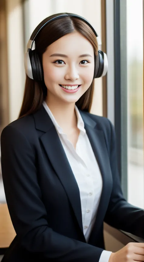 The face is a hostess、Wearing a headset、business jacket、hiquality、A hyper-realistic、healthy、Smiling expression、Slender perfect figure、Japan beauties、beautidful eyes、face perfect、Beautiful skin、by the window、desk