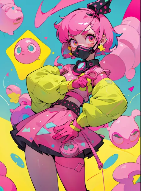 kpop girl with short nice fadecut pink hair, colorful glowing gass mask, lots of shapes attatched everywhere, random shapes mostly triangle, yellow skirt with polcadots, red gloves, and an 2 antena headband