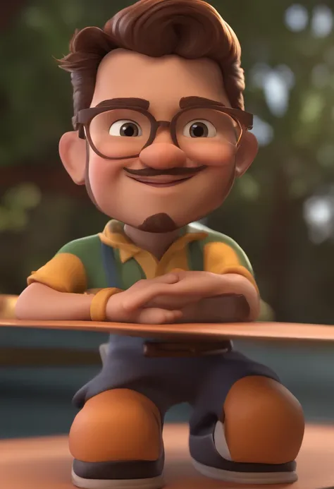 personagem dos desenhos animados de um homem feliz, homem de pele marrom clara, cabelo curto, sem cabelo, pele marrom, rosto arredondado, olhos marrons, barba pequena, olhos puxados, nariz pequeno, sobrancelha grossa, very thin lips, boca bem pequena, anim...