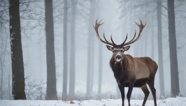 (an ancient, gothic, snowy medieval Hungarian forest),(great majestic stag emerges from the forest line),(night,cinematic,8k,scene from horror film),(eerie,gothic),(cinematic scene from film)