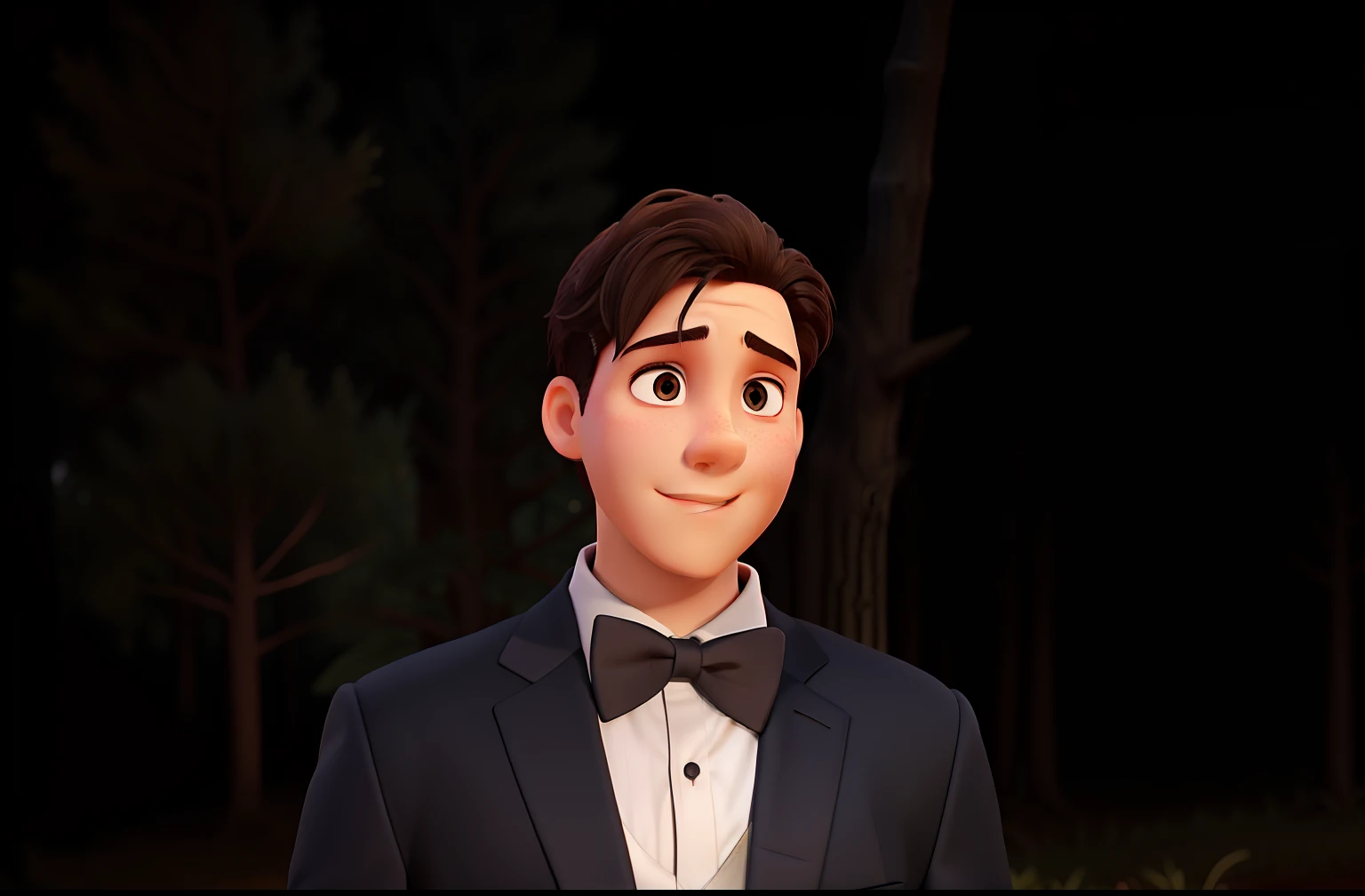 A boy with a suit  and a dark woods background