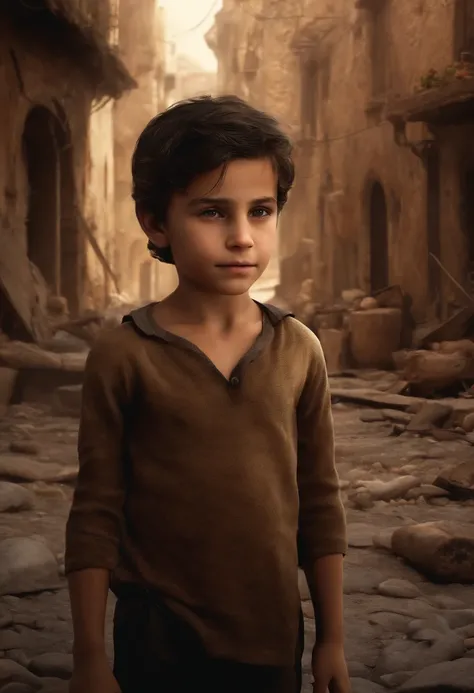 Photorealistic scene with a boy in the foreground, about 10 years old, with Mediterranean features, dirty black hair, disheveled, dirty, with a brown tunic that is also dirty and wrinkled, lost and tearful look. In the background you can see buildings, str...