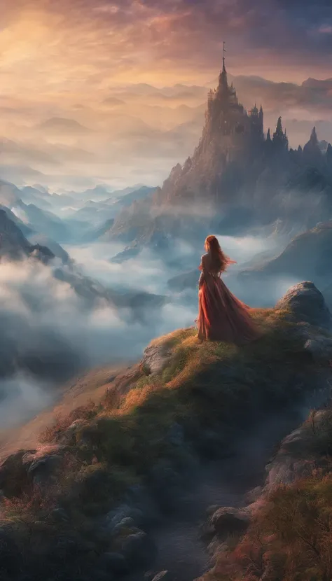 there is a woman standing on a path in the mountains, a detailed matte painting, fantasy art, a wanderer on a mountain, wanderer above the sea of fog, cinematic matte art, wallpaper 4k, elegant cinematic fantasy art, epic dreamlike fantasy landscape