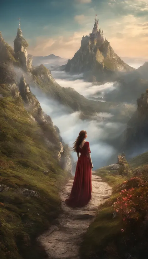 there is a woman standing on a path in the mountains, a detailed matte painting, fantasy art, a wanderer on a mountain, wanderer above the sea of fog, cinematic matte art, wallpaper 4k, elegant cinematic fantasy art, epic dreamlike fantasy landscape