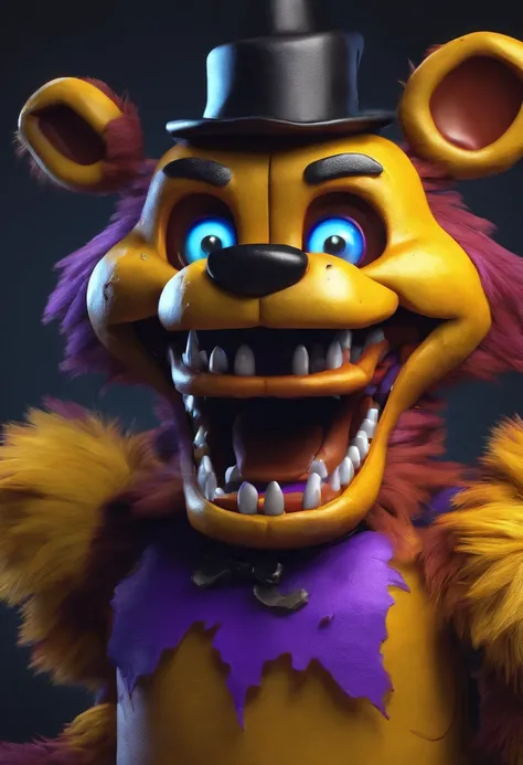 make a creepy fnaf animatronic that is freddy with sharpened teeth yellow fur and purple sunken eyes they have fur misses witch is showing metal parts and long claws