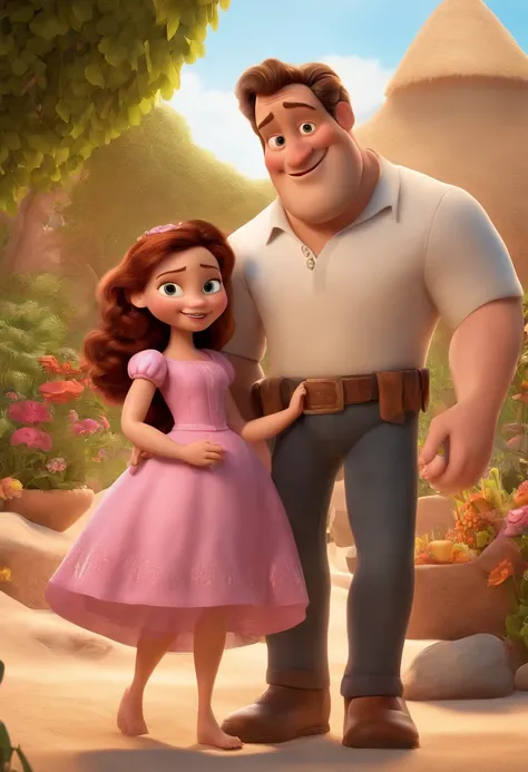 a Disney Pixar movie poster showing a white-skinned family. The father is the tallest,careca, grande porte,Tem barba grande preta, moreno. The mother has brown eyes and hair, shoulder-length and is slightly overweight. A menina tem 6 anos, magrinha e cabel...