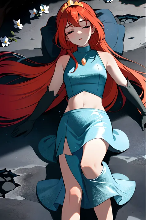 Bloom is lovingly languid and torpid on the ground after losing a tough battle and being thrown harshly in a dark cave. Bloom cant move from her prone position and unable to breath or open her eyes. (Bloom), (tousled orange hair, blue eyes, bangs, long hai...