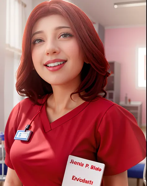 Woman in a red shirt standing in a room, Adriana DXIM, Jaqueline E, imagem de perfil, Foto de perfil, surgical gown and scrubs on, by Amelia Peláez, by Gina Pellón, Lorena Avarez, Alanis Guillen, foto de perfil profissional, Directed by: Judith Brown, imag...