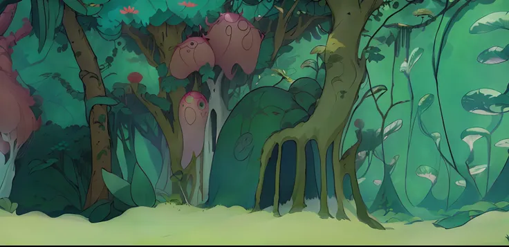 cartoon of a forest with a lot of different animals in it, alien forest in background, forestpunk background, forrest background...