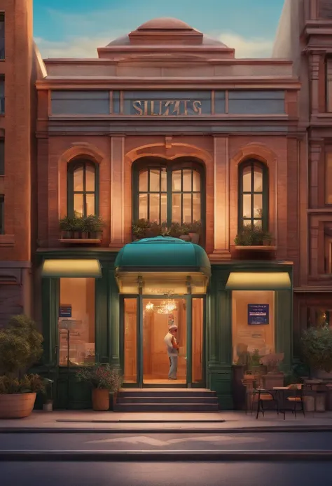 Pixar 3D-style drawing of a slimming clinic in the city center with a character in the foreground