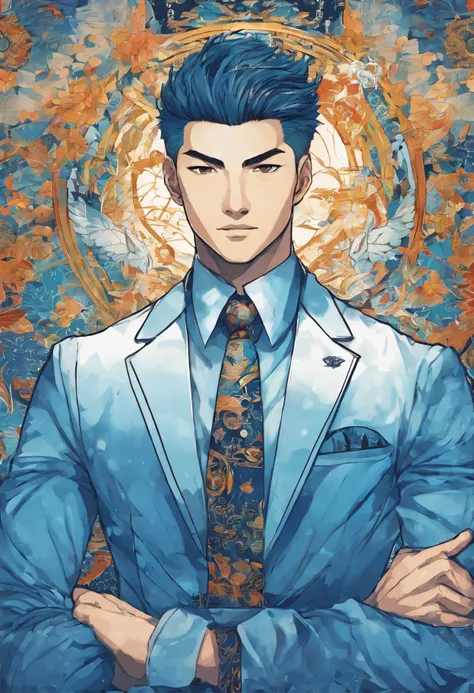 garoto levemente oriental, moreno usando camisa azul claro meia manga, With dark blue tie with Maori tattoo on the whole left arm in a pharmacy