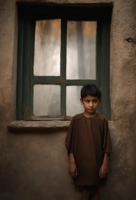 En una escena impactante y conmovedora, A Mediterranean boy of around 10 years old is shown. His black hair is matted with dirt and his clothes are, A brown robe, Its stained and wrinkled, lo que contribuye a su desolada apariencia. His face is furrowed wi...