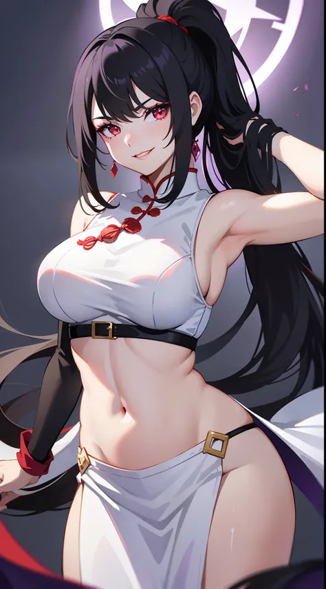 Grown-up girl, Long black hair with white strands, high ponytail, red eyes, purple lipstick, white chinese dress, Sleeveless, open breasts, open belly, smirk, Violet Flame, Masterpiece, hiquality, 4k, HD, Good detail