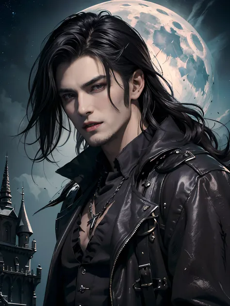 (masterpiece、top-quality、top-quality、Detailed and complex、official art、aesthetically pleasing:1.3)、(1 dark haired male vampire with fangs in:1.3) (revealing fangs) (realistic art:1.3)、black suit, white and black accessories, gothic castle background. Moon ...