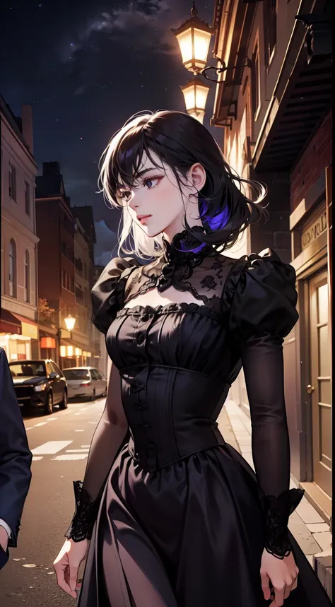 1 girl 1 boy, same hair color, extremely detailed face, Long black bang hair with twist and black eyes, short black hair and dark eyes, face to face, romantic, at night, walking, 25 years old, Victorian era, purple dress, dim light