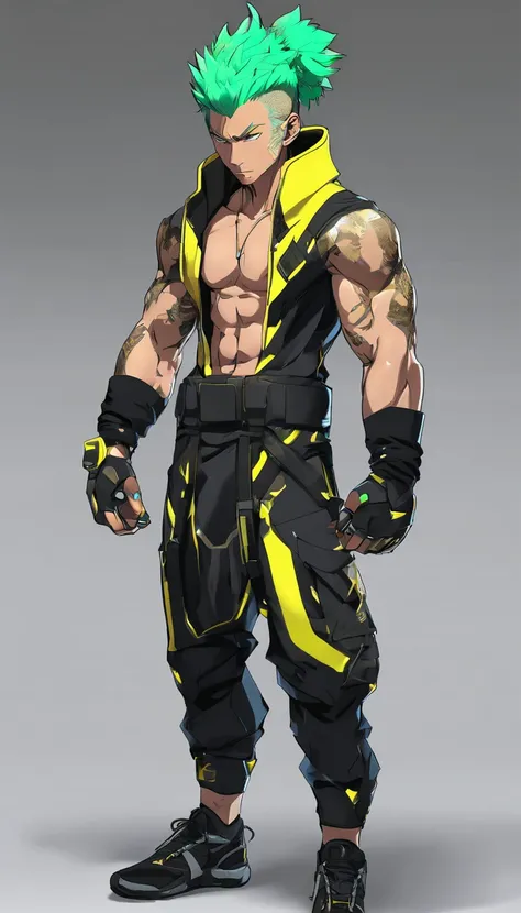 Wukong, full body, Green hair, of a shirtless, style of anime, Bright yellow skin, Super muscular, white background, punching, scream, erotic, ripped clothes