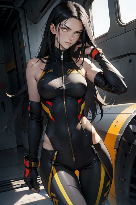 1 girl, black hair, yellow eyes, very long hair, pale skin, fit body, slender body, slim waist, large breasts, (confident expression), pilot suit, thigh gap, bare thighs, thighs bare, sleeveless, show bare neck, zipper down to show bare neck, bare clavicle...