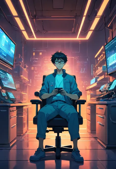 .RAW, wide angle, A man in a dark lab sitting in a chair from the future wears glasses., Pele negra avermelhada, laboratory, hardware, Ambiente Luminoso, neon light, ((cyberpunk))