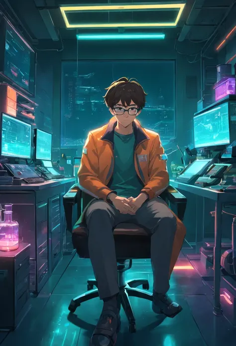 .RAW, wide angle, A man in a dark lab sitting in a chair from the future wears glasses., Pele negra avermelhada, laboratory, hardware, Ambiente Luminoso, neon light, ((cyberpunk))