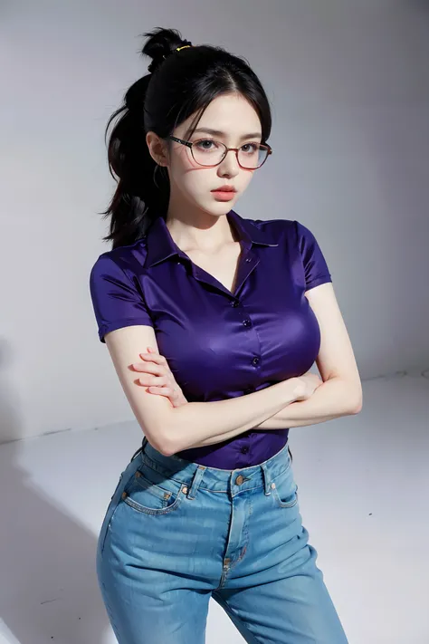 1girl, white face, straight hair, white background, (perfect hands, perfect anatomy), (adjusting eyewear:1.2), masterpiece, best quality, tashigi, black eyes, folded ponytail, eyewear on head, coat on shoulders, purple shirt, blue pants, cowboy shot, looki...