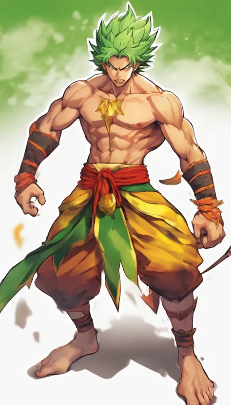 Wukong, full body, Green hair, of a shirtless, style of anime, 8 pack abs, huge bulge,erotic,  extremely masculine muscular person,Bright yellow skin, Super muscular, white background, punching, scream, erotic, ripped clothes