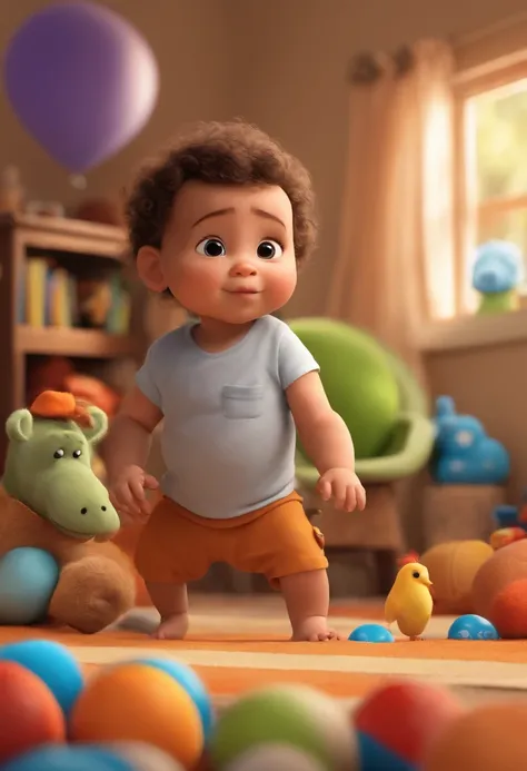 Imagem em formato desenho da Pixar, He is a newborn baby and very intelligent, Hes outgoing, Playful and gets up for a lot of things. Cabelo castanho claro penteado para o lado(Not a lot of hair) e olho azul. Background environment a baby room with various...