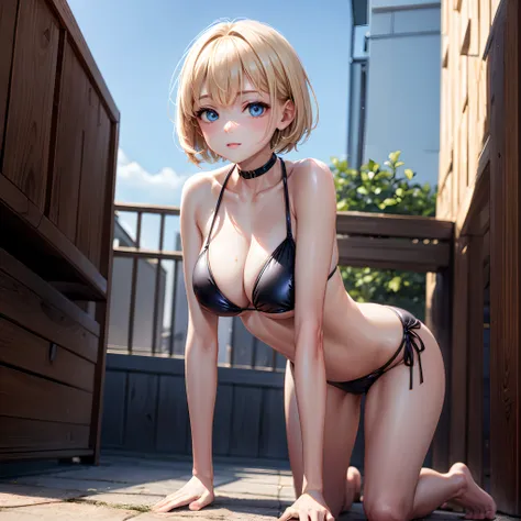 realisitic、top-quality、all-fours、((One Woman:1.5))、blonde  hair、blue eyess、Short hair、outside of house、Highly exposed、Black PVC Bikini