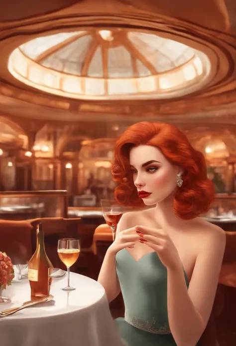 A girl with copper-colored hair, pele clara e vestido vermelho, sentada em um restaurante, Holding a glass of rink, olhando um homem velho, sem barba, de terno, tocando piano no palco, estilo de sonho futurista, mas realista, inspired by Pixar animation, d...