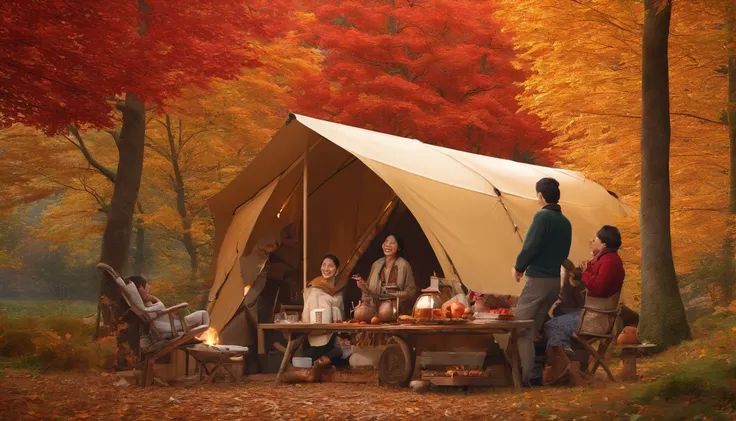 A place with red, yellow, and green autumn leaves, Japanese people, a bonfire, a 4WD vehicle, four adults drinking coffee around a simple table, children enjoying picking chestnuts, a barking dog, outdoors, camping with many people, chatting, enjoy. Smile,...