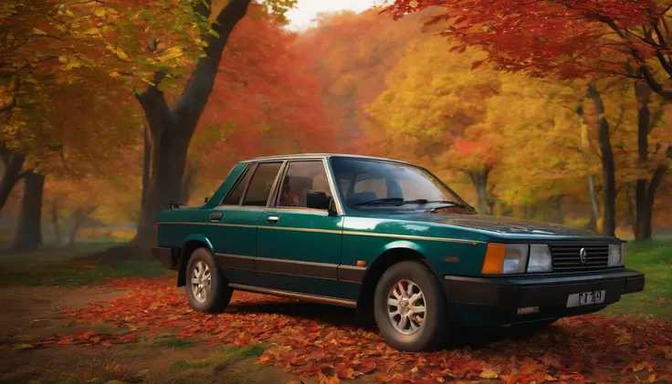 A place with red, yellow, and green autumn leaves, Japanese people, a bonfire, a 4WD vehicle, four adults drinking coffee around a simple table, children enjoying picking chestnuts, a barking dog, outdoors, camping with many people, chatting, enjoy. Smile,...