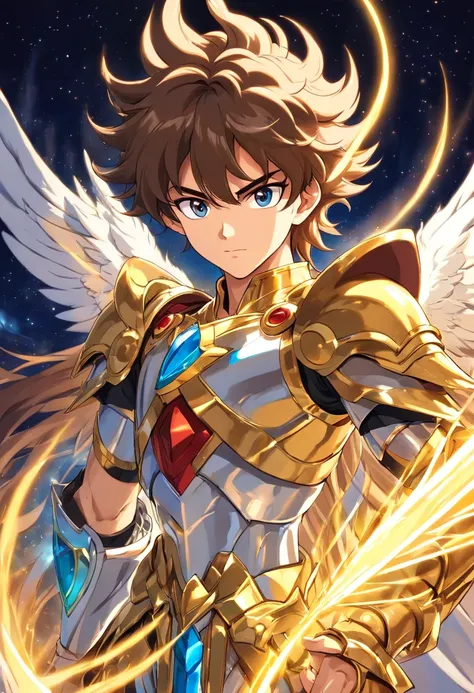 Designer de personagens Menino de 16 anos vestindo armadura Pegasus ( Saint Seiya) cabelos curtos de penteados para cima