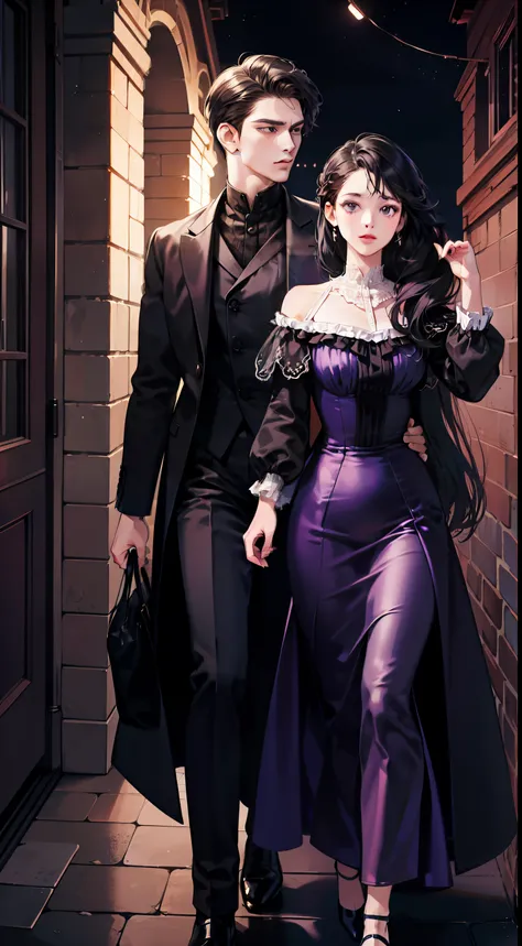 1 girl 1 boy, same hair color, extremely detailed face, Long black bang hair with twist and black eyes, short black hair and dark eyes, face to face, romantic, at night, walking, 25 years old, Victorian era, purple dress, dim light