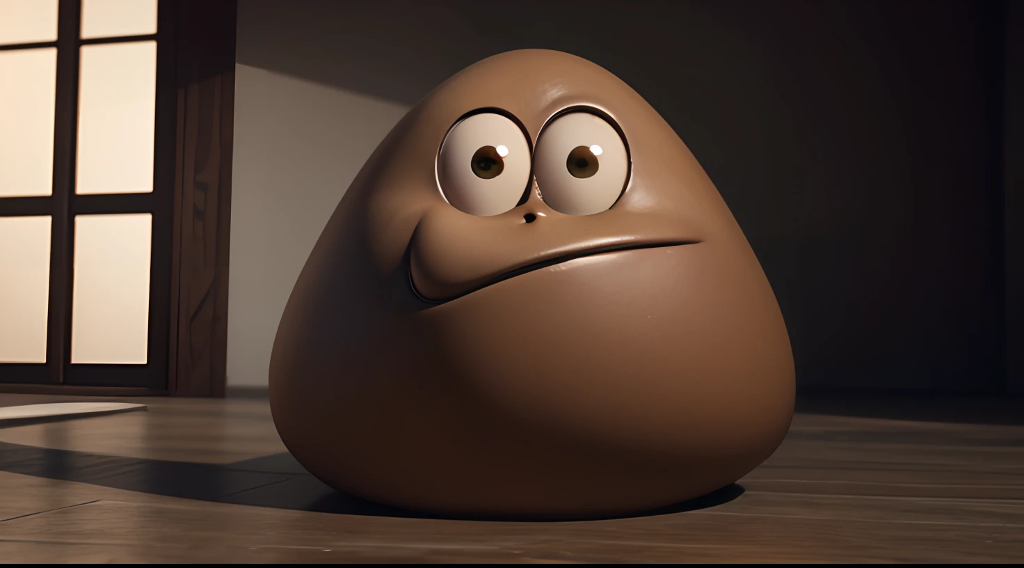 Pou character, Brown color body, white eye and black pupil, 3d , unreal engine 5, ultra realistic, detailed body texture, masterpiece