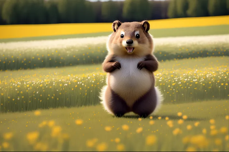 Fluffy groundhog dancing in a field of spring flowers